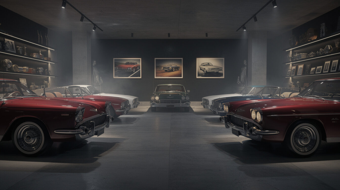 Atmospheric private car collection with dim lighting and multiple classic cars