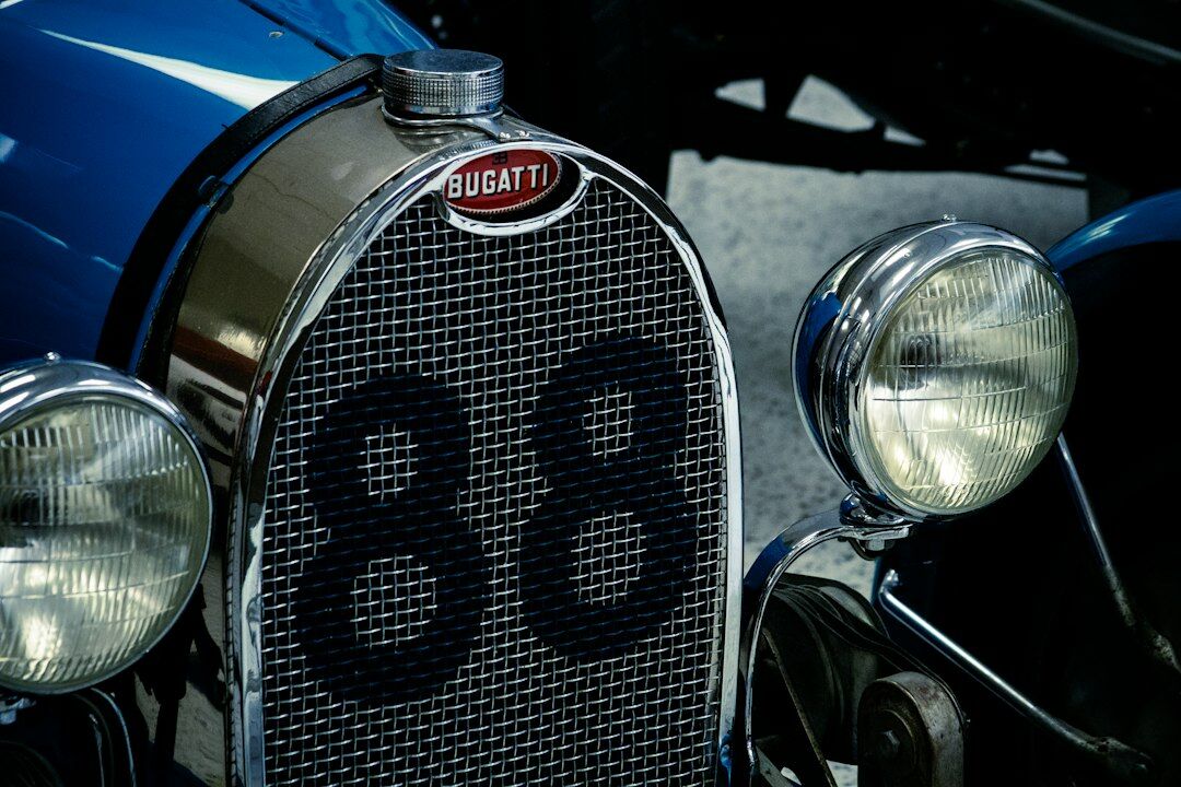 Bugatti automobile parked in front of a colonial building in Punta del Este
