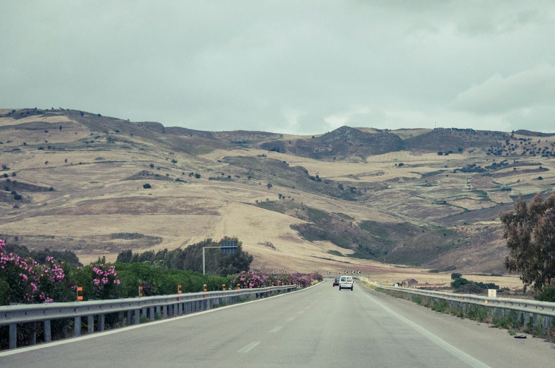 Convoy of vintage automobiles driving on a rural highway in Uruguay