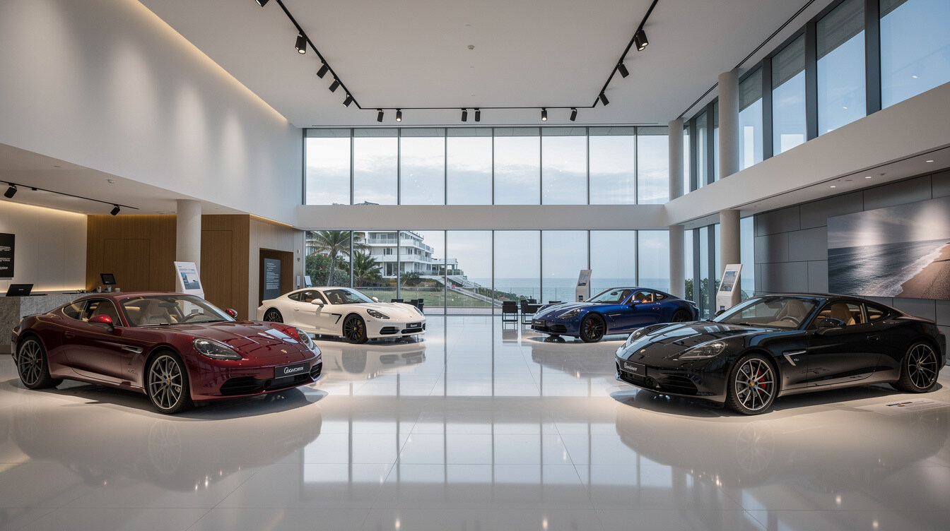 Luxury automobile exhibition hall in Punta del Este with cars on display